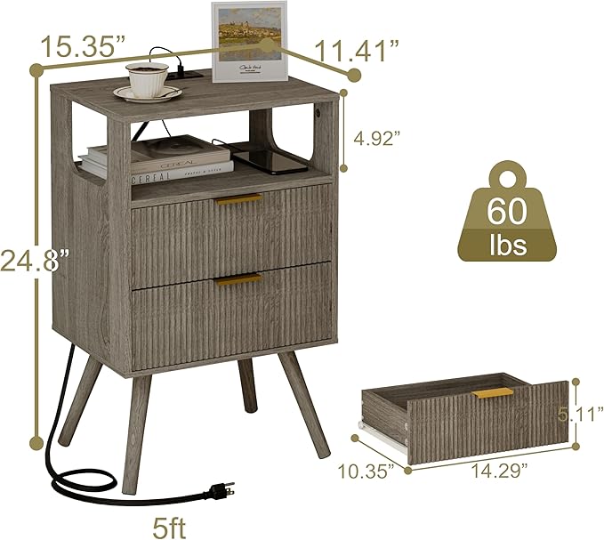 Nightstand with Charging Station and LED Lights,Modern Bedside Table with 2 Storage Drawer and Open Wood Shelf, for Bedroom and Small Spaces,Night Stand with Solid Wood Legs,GreyOak-Ruum Studio Home