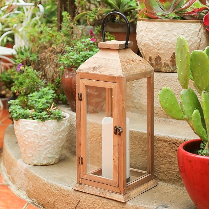 Large New Zealand Pine Lantern With Flameless Pillar Candles - IP65 Waterproof Decorative for Home Decor, Indoor Outdoor, Front Porch, Garden, Farmhouse Style-Ruum Studio Home