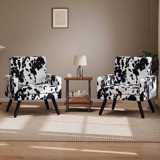 Kromax Mid-Century Modern Accent Chair Set of 2 for Living Room, 496 Lb. Weight Capacity, Dual Armrests, Comfy Extra Large Seat, Timeless Style Perfect for Reading & Relaxing, Cow Pattern-Ruum Studio Home