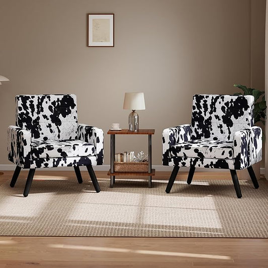 Kromax Mid-Century Modern Accent Chair Set of 2 for Living Room, 496 Lb. Weight Capacity, Dual Armrests, Comfy Extra Large Seat, Timeless Style Perfect for Reading & Relaxing, Cow Pattern-Ruum Studio Home