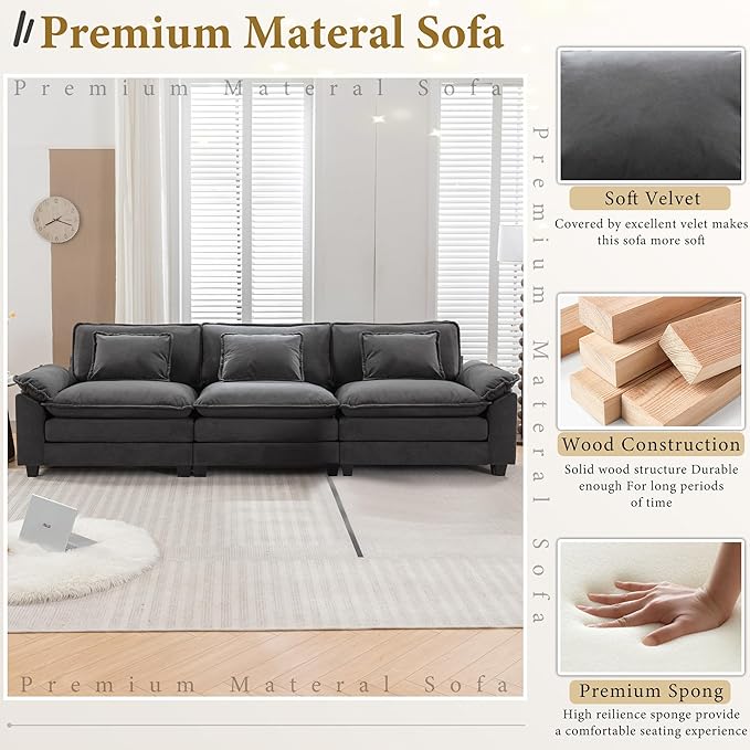 URRED Modular Sectional Sofa Comfy Cloud Couch, Modern Velvet Sofa Sleeper Deep Seat Couches with Ottoman/Pillows for Living Room (Dark Gray, 117'')-Ruum Studio Home