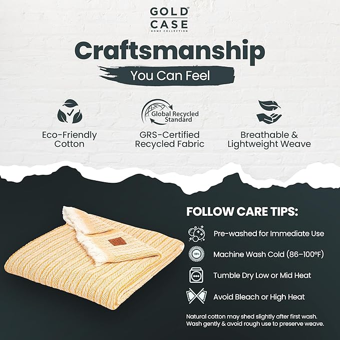 Gold Case Throw Blanket for Couch – 100% Recycled Turkish Cotton Blankets & Throws – Elegant Decorative Throw Blankets for Living Room Sofa – Woven Throws for Couch – Vintage Mustard – 50x60-Ruum Studio Home