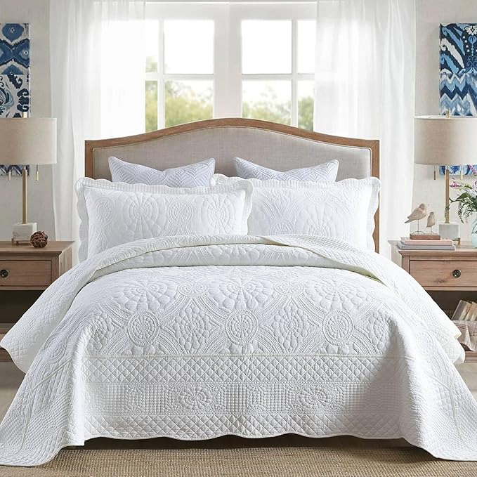 MarCielo 3-Piece 100% Cotton Oversized Bedspread Lightweight Quilt Coverlet Embroidery Farmhouse Bedding (Tf Bright White, Oversized Queen (100"x106"))-Ruum Studio Home
