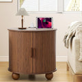 Farmhouse Round End Table with Charging Station, 24" Large Fluted Sofa Side Table with Sliding Tambour Door & Storage, Mid-Century Wood Nightstand for Living Room, Bedroom (Walnut)-Ruum Studio Home