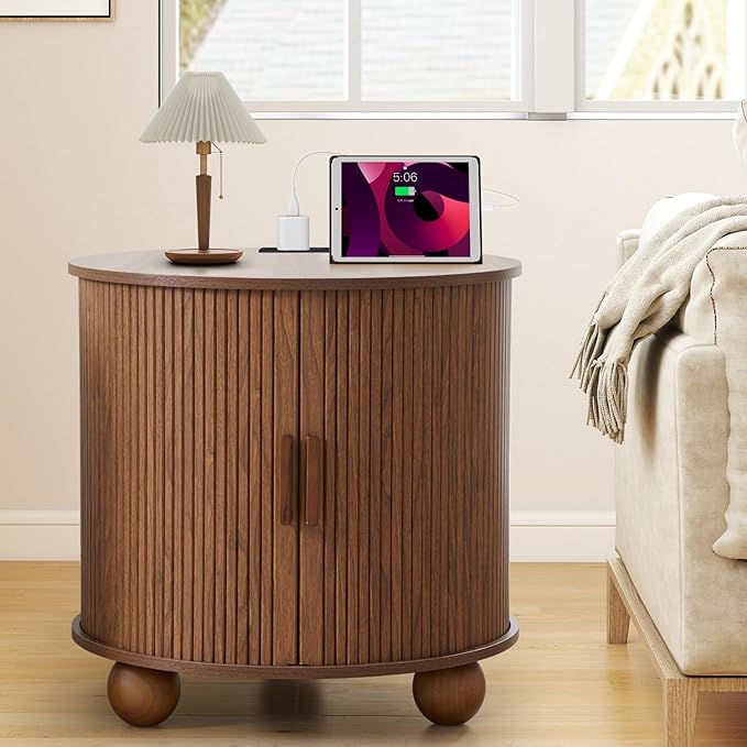 Farmhouse Round End Table with Charging Station, 24" Large Fluted Sofa Side Table with Sliding Tambour Door & Storage, Mid-Century Wood Nightstand for Living Room, Bedroom (Walnut)-Ruum Studio Home