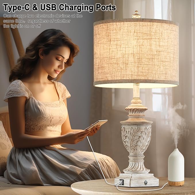 Farmhouse 3-Way Dimmable Touch Table Lamp Set of 2 for Bedroom Living Room with USB A+C Charging Ports 27" Tall Rustic Traditional Nightstand Bedside Lamps White End Table Lamp (2 Bulbs Included)-Ruum Studio Home