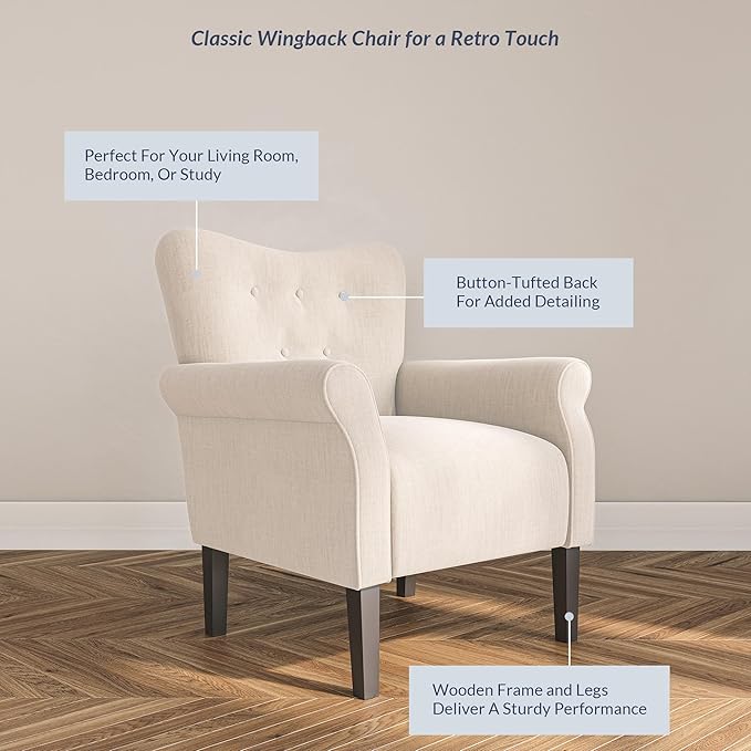 BELLEZE Modern Accent Chair, High Back Armchair, Upholstered Wingback Side Chair, Padded Single Sofa with Wooden Legs for Living Room, Bedroom - Beige-Ruum Studio Home