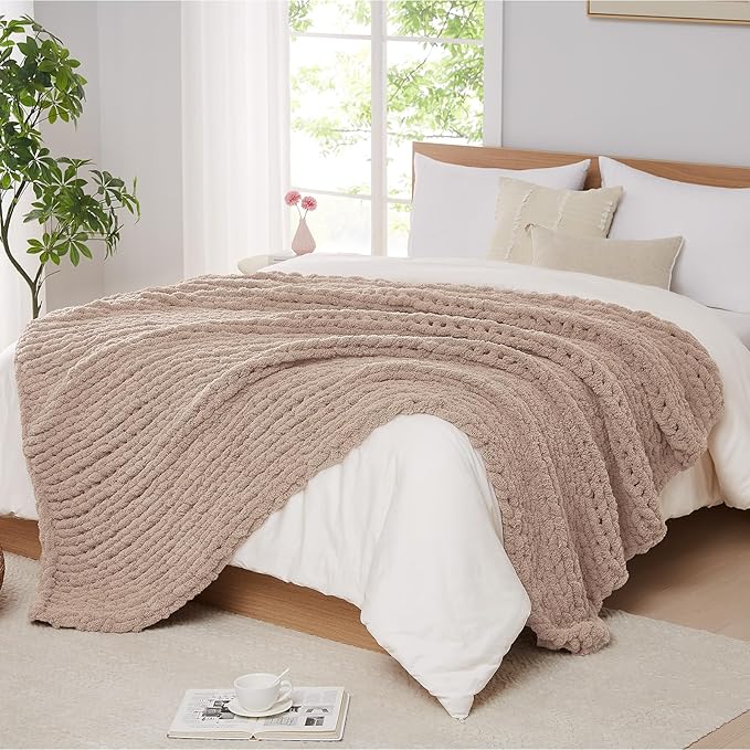 L'AGRATY Chunky Knit Blanket Throw: 50''x60'' Chenille Chunky Knitted Throw Blanket for Bed Couch - Handmade Thick Big Cable Knit Blanket - Large Crochet Rope Blanket for Home Decor(Light Taupe)-Ruum Studio Home