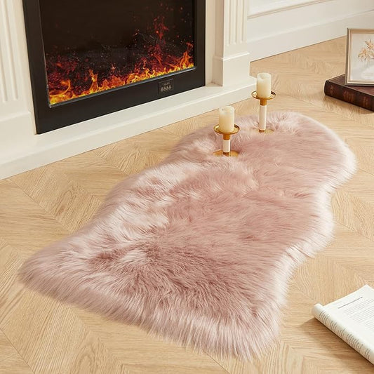 AMTOVO Faux Fur Rug, Pink Area Rug, Fluffy Sheepskin Rug, Fuzzy Ultra Soft 2 x 4 ft Shag Rugs for Bedroom Sofa Throw Cushion Room Decor, Sheepskin-Ruum Studio Home