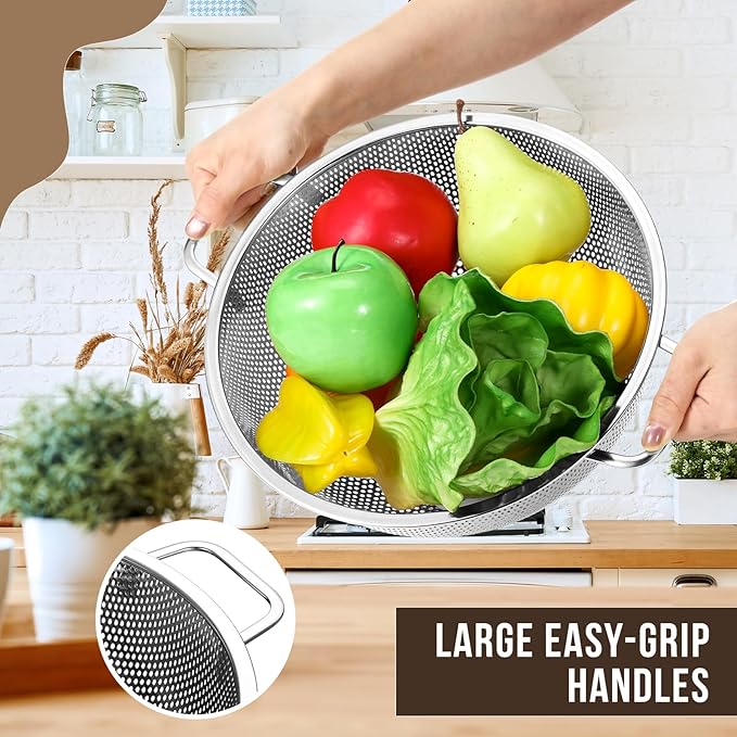 Norme 5 Quart Stainless Steel Silver Colander and 3 Pcs Silver Fine Mesh Strainer, Stainless Steel Pasta Rice Food Metal Strainer with Handles, Easy Clean and Dishwasher Safe-Ruum Studio Home