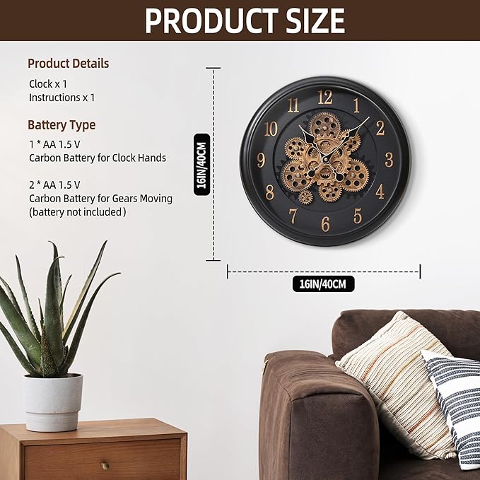 Maxstar Large Moving Gear Wall Clock,16" Vintage Mechanical Battery Operated Industrial Wall Clocks for Farmhouse Living Room,Home Office, Dinning Room, Kitchen, Steampunk Decor-Black,Arab Numeral-Ruum Studio Home