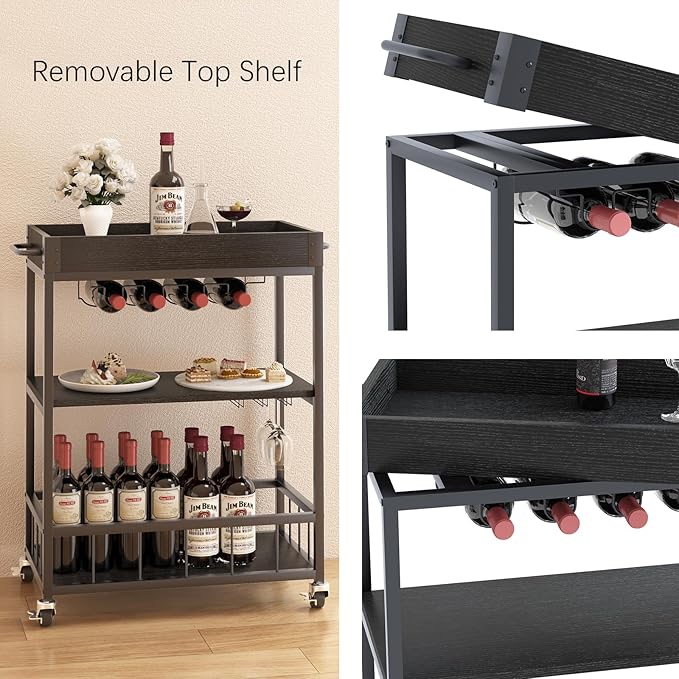 Bar Cart Serving Wine 3 Tier Home Rolling Rack with Wheels Mobile Kitchen Industrial Vintage Style Wood Metal Serving Trolley Serving Cart, Drink Cart for Living Room Kitchen-Ruum Studio Home