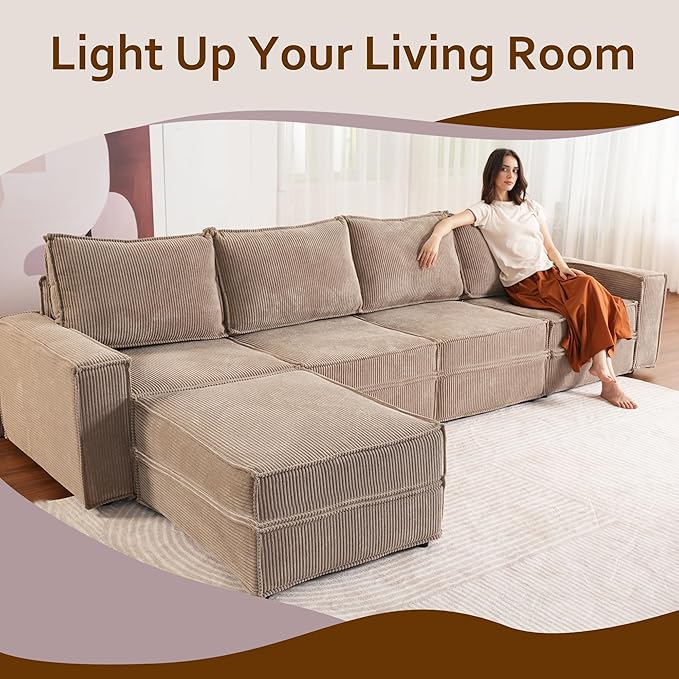 HOOOWOOO Modular Sectional Sofa Couch,Matching Free Combination Cloud Couch Armless Chair(Camel Corduroy)-Ruum Studio Home