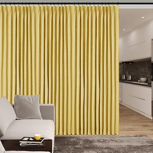 100% Blackout Linen Textured Drapes for Bedroom Pinch Pleated Curtains for Track System Portable Drapery for Sliding Glass Door/Storage/Space Room Divider, 70" Wx96 L, 1 PC, Yellow-Ruum Studio Home