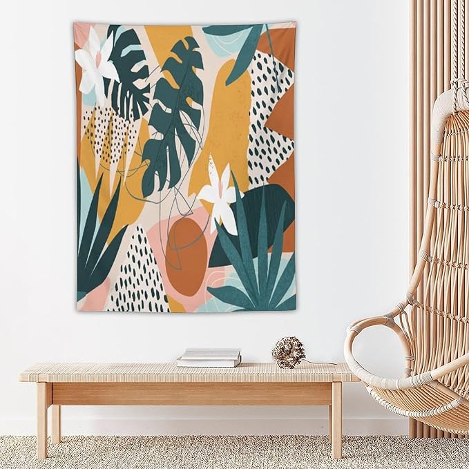 Abstract Bohemian Mid Century Tapestry, Tropical Leaves Modern Geometric Archway Minimalist Bohemian Botanical Aesthetic Wall Hanging, Sage Green Gold Home Decor Art for Bedroom 60x80 Inch-Ruum Studio Home