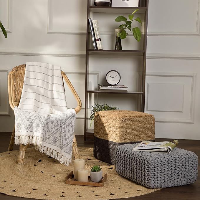 REDEARTH · Cube Low Pouf Foot Stool Ottoman - Hand Knitted Poof - Cord Boho Pouffe - Home Décor - Stuffed Footrest for Living Room - Nursery - Bedroom - Patio (16" x 16" x 8") - Light Gray-Ruum Studio Home