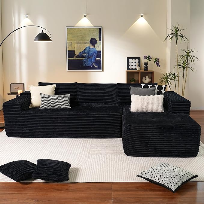 ovios 104" Cloud Sectional Couch with L-Shape Chaise,Modern Modular Sofa with Deep Seat, Upholstered Couches for Living Room Bedroom,No Assembly Required, Black (Plush Corduroy Fabric)-Ruum Studio Home
