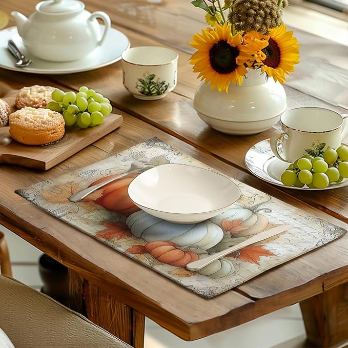 Fall Pumpkin Placemats Set of 4 Vintage Autumn Maple Leaf Seasonal Place Mats 12x18 Inch Thanksgiving Farmhouse Linen Fabric Table Mats for Party Kitchen Dining Outdoor Indoor Decor-Ruum Studio Home