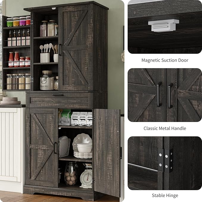72'' Kitchen Storage Pantry Cabinet, Tall Storage Cabinet with 8 Door Shelves, 2 Cabinets and 1 Drawer, Freestanding Cupboard for Kitchen, Dining Room, Bathroom, Laundry, Living Room, Dark Rustic Oak-Ruum Studio Home