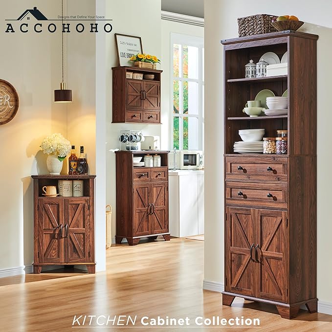 Corner Bathroom Cabinet, Farmhouse Small Cabinet with Barn Door & Adjustable Shelf, Storage Cabinets for Bathroom, Kitchen & Living Room, Brown-Ruum Studio Home
