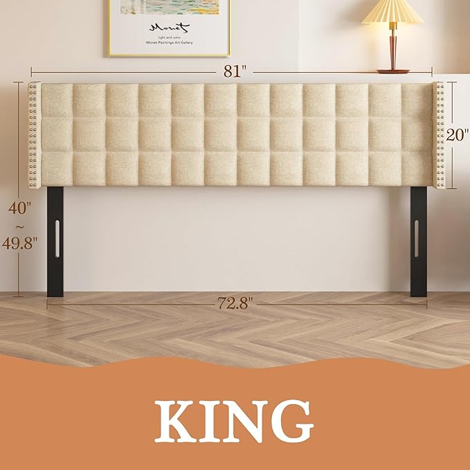 VECELO Headboard King Size, Linen Upholstered Headboards Only with Nailhead Trim Wingback, Square Stitched Design, Adjustable Height from 40" to 49.8", Oatmeal-Ruum Studio Home