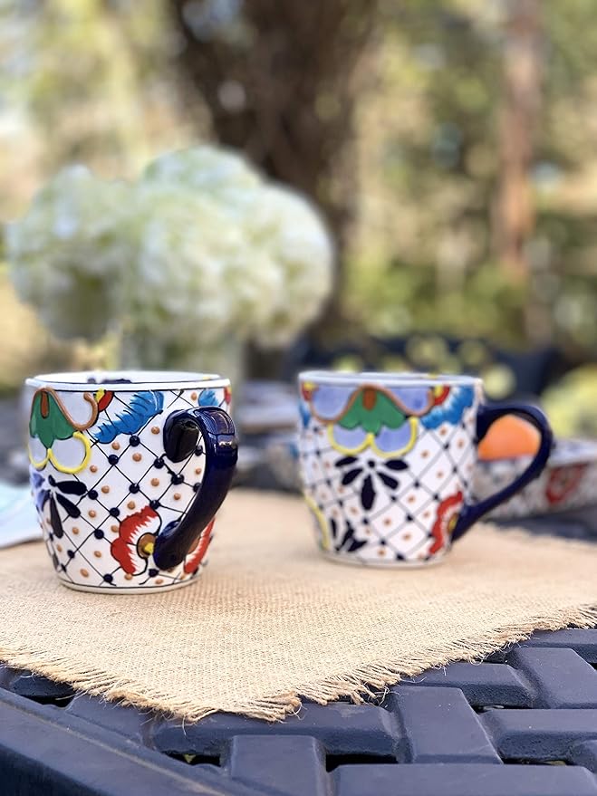Encantada Handmade Hand-Painted Authentic Mexican Pottery Mugs (1-Pack, Dots & Flowers)-Ruum Studio Home