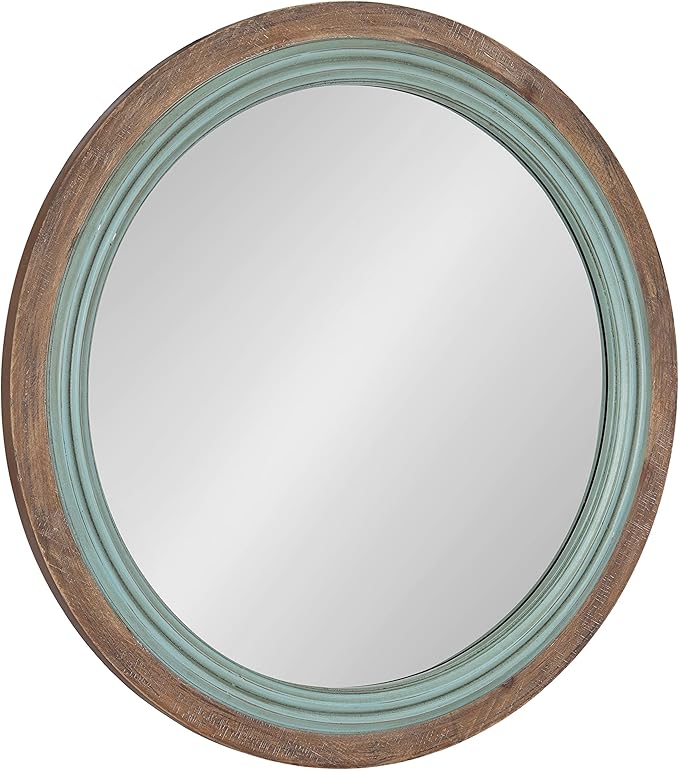 Kate and Laurel Palmer Rustic Farmhouse Round Wooden Mirror, 26 Inch Diameter, Blue and Rustic Brown, Modern Circle Decorative Wall Mirror with Paint Distressing-Ruum Studio Home