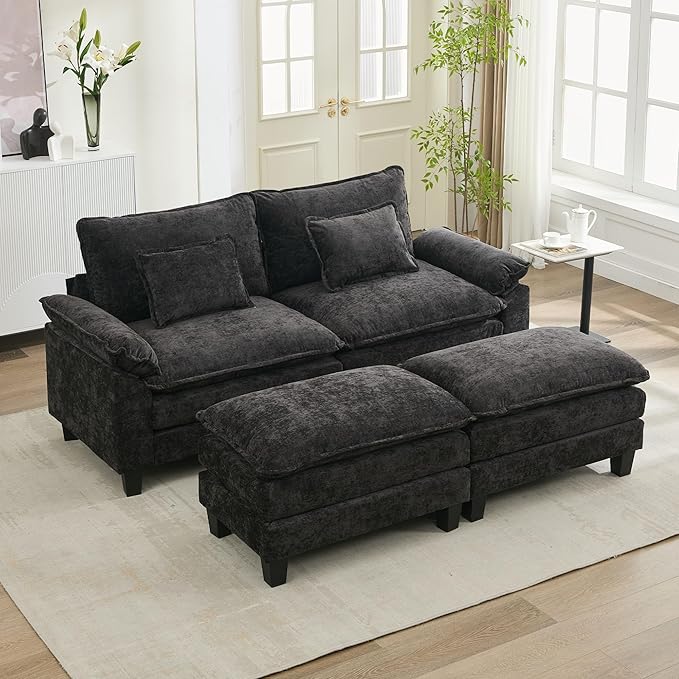 URRED Modular Sectional Sofa Comfy Cloud Couch, Modern Chenille Sofa Sleeper Deep Seat Couches with Ottoman/Pillows for Living Room (Black, 82.6''- 2 Ottomans)-Ruum Studio Home