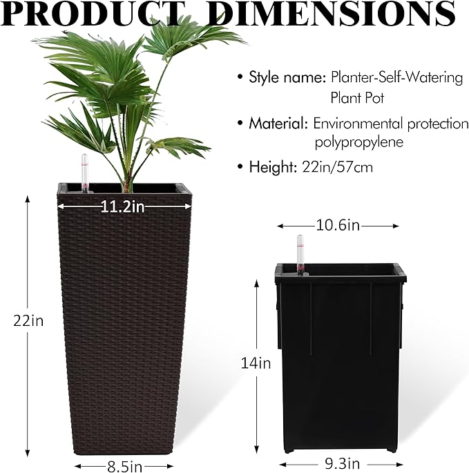 2Pcs 23in High Large Plant Pots Planter-Self-Watering,Modern Planter with Drain Holes,Water Level Monitor,Inner Bucket for Indoor/Outdoor Front Porch Patio,Brown Rattan-Ruum Studio Home