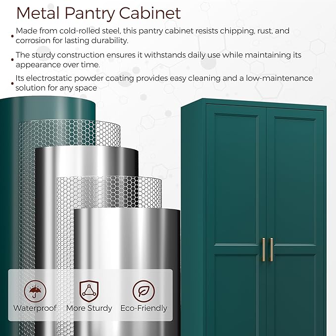 71" Metal Pantry Cabinet, Tall Kitchen Pantry Storage Cabinet with 4 Adjustable Shelves and Gold Handles, Green Cupboard for Kitchen, Dining Room, Living Room-Ruum Studio Home