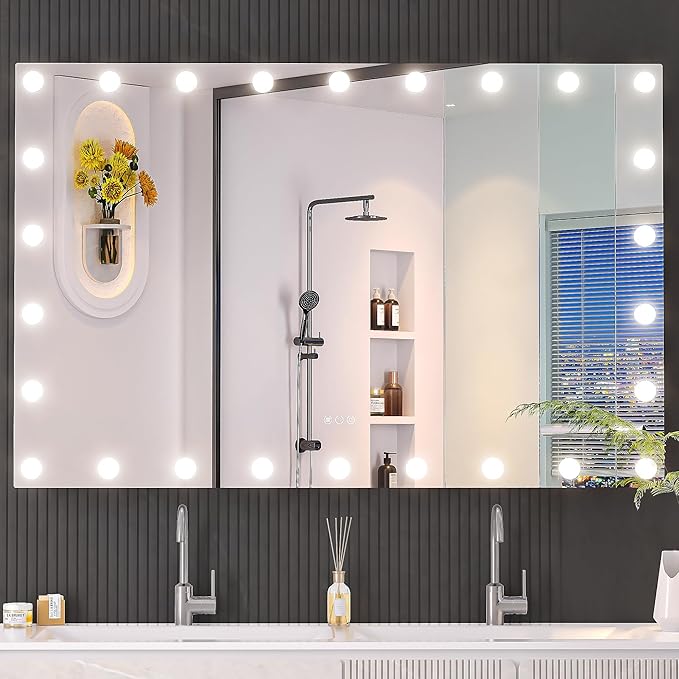 Hasipu LED Bathroom Mirror with Lights, 55" x 36" Hollywood Wall-Mounted Bathroom Mirror with 26 Dimmable Bulbs, 3 Colors Modes, Touch Control, Anti-Fog, Memory Function, Shatter-Proof, ETL Listed-Ruum Studio Home