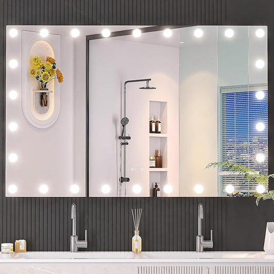 Hasipu LED Bathroom Mirror with Lights, 55" x 36" Hollywood Wall-Mounted Bathroom Mirror with 26 Dimmable Bulbs, 3 Colors Modes, Touch Control, Anti-Fog, Memory Function, Shatter-Proof, ETL Listed-Ruum Studio Home