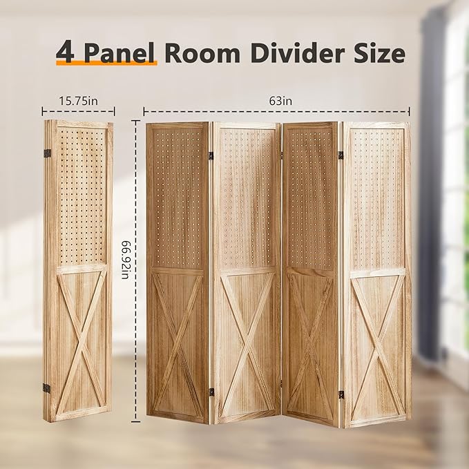 4 Panel Pegboard Wood Room Divider, 5.6Ft Pegboard Display Folding Privacy Screens, Peg Board Display Freestanding for Trade Show Craft Show Home Wall Organizer, Light Brown-Ruum Studio Home