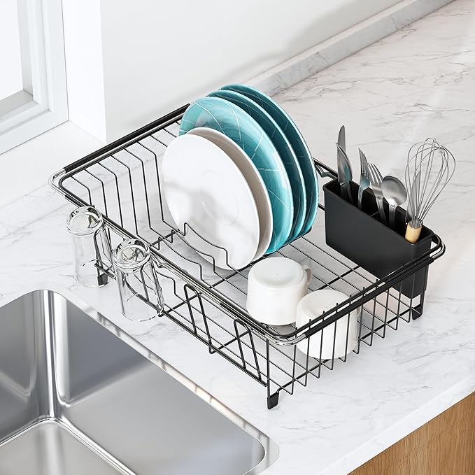 MAJALiS Dish Drying Rack in Sink - Small Dish Drainers for Kitchen Sink, Over The Sink Dish Racks with Utensil Holder, Stainless Steel Dish Rack in Sink, Black-Ruum Studio Home