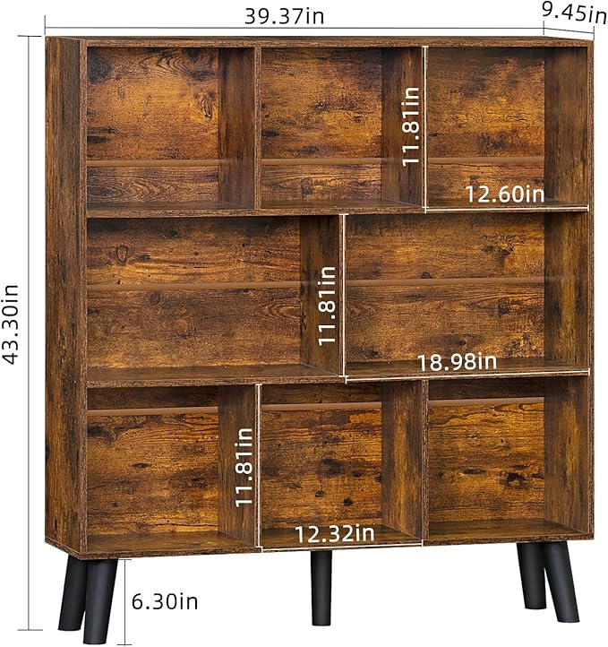 LEYAOYAO 8 Cube Bookshelf,3 Tier Bookcase with Legs,Rustic Brown Mid-Century Modern Bookshelves,Large Open Storage Organizer Shelf, Wooden Book Case-Ruum Studio Home