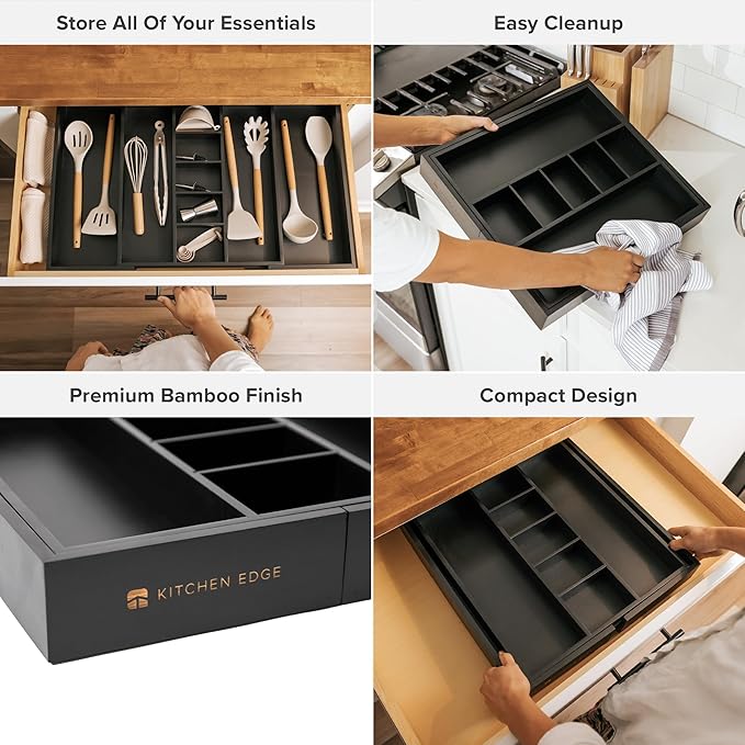 Adjustable Kitchen Drawer Organizer for Utensils and Junk, Food-Safe Contract Grade with 100% Sustainable Wood, Expandable from 16 to 28 Inches Wide - Black Bamboo-Ruum Studio Home