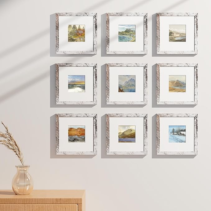 Vittanly 8x8 Picture Frames Set of 9, Shatter Resistant Plexiglass, Display 4x4 Pictures with Mat or 8x8 without Mat, Photo Frames for Wall Mount, Engineered Wood, Distressed White-Ruum Studio Home