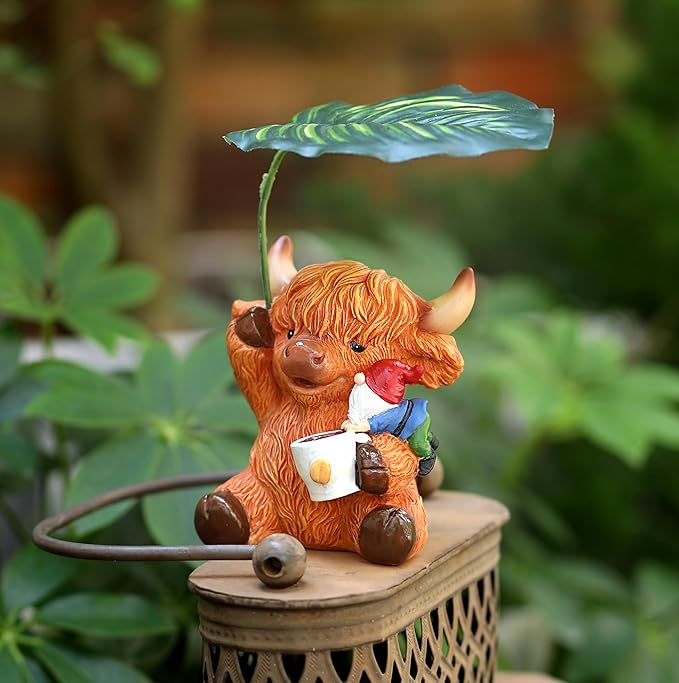 Garden Gnome with Highland Cattle 6.5“ Figurine Ornament for Indoor Outdoor Home Patio Yard Lawn, Red Hat, Blue Outfit, Indoor Outdoor Decorative Statue-Ruum Studio Home