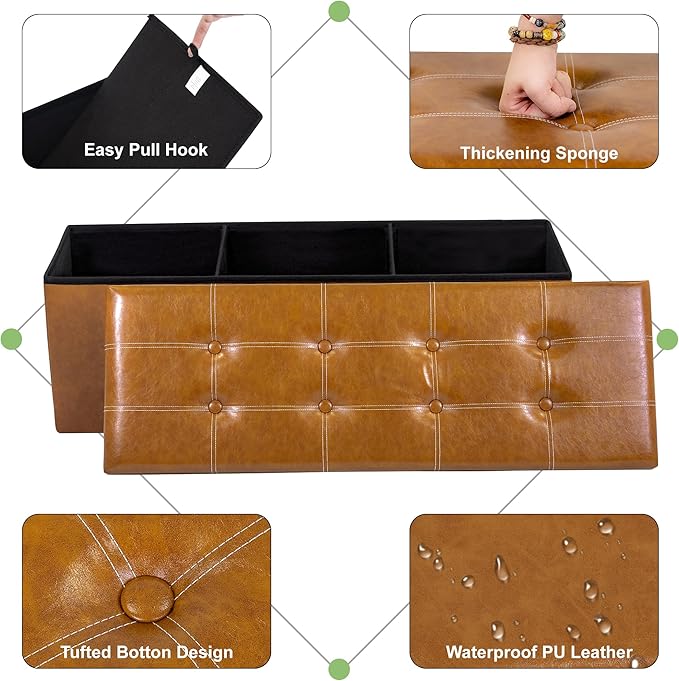 43 Inches Folding Storage Ottoman Bench, PU Leather Storage Chest, Footrest Padded Seat for Bedroom and Hallway, Holds up to 660 lbs, Light Brown-Ruum Studio Home