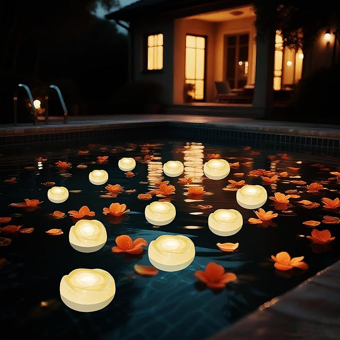 Aignis 12pcs Flameless LED Floating Candles, Ivory Rose Plastic Tealights Battery Operated, 120+ Hours Glow Time, Cozy Light for Romantic Pool/Bathtub/Hot Bath/Wedding Centerpiece Decor(D2.83*H1.42)-Ruum Studio Home