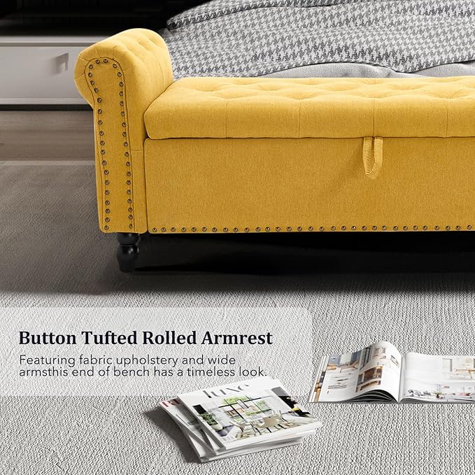 Furniliving 55” End of Bed Bench, Bedroom Bench with Button-Tufted, Large Upholstered Storage Ottoman Benches Window Bench with Storage Shoe Cabinet Bench, for Bedroom, Living Room, Linen, Yellow-Ruum Studio Home