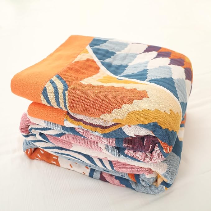 Snycler Boho Throw Blanket for Bed - 100% Cotton Ultra Soft Rustic Quilt Fall Blanket - Orange Floral Printed Farmhouse Decor Bed Blankets, 80"×90" All Season Rustic Throw for Sofa Couch Chair-Ruum Studio Home