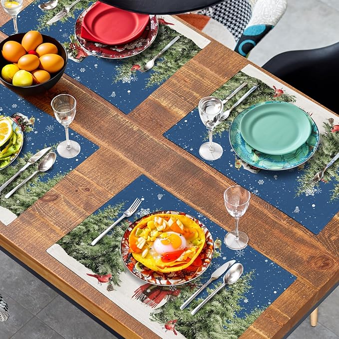 Blue Snowman Christmas Placemats Set of 4 Xmas Tree Cardinal Snowflakes Linen Table Mats Seasonal Winter Holiday Place Mats Washable Placemat for Party Kitchen Dining Outdoor Indoor Decor-Ruum Studio Home