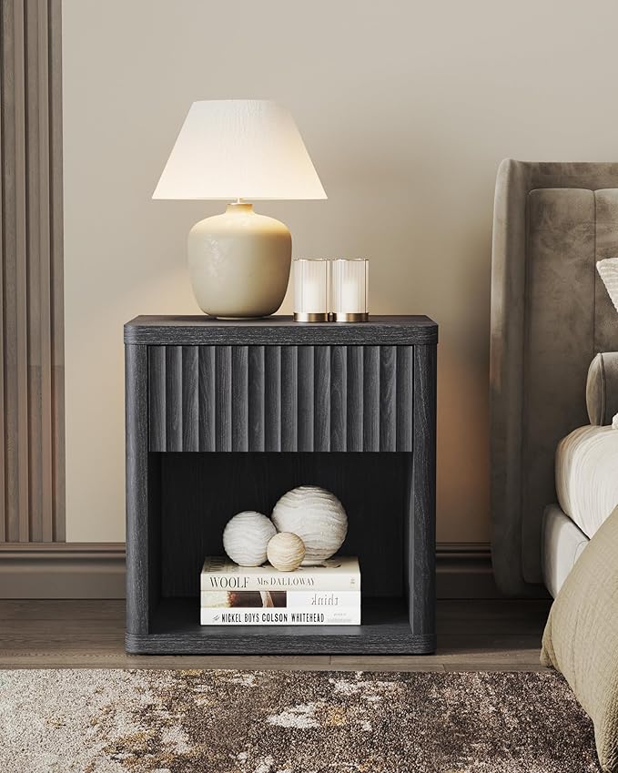 SICOTAS Night Stand Nightstand with Drawer Storage Fluted Bed Side Table End Table Large Modern Wide Bedside Mid Century Night Stands for Bedroom Living Room Sofa Couch Home Office, Dark Grey Alder-Ruum Studio Home