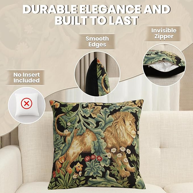Charlotte Home Furnishings Throw Pillow Covers, Decorative Boho Pillow Covers for Couch, Living Room, Black Lion Square Cushion Cases 18x18 in, European Cotton Jacquard Woven for Cozy Bedroom Decor-Ruum Studio Home