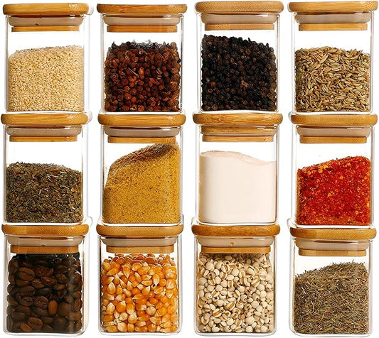 12 Pcs Square Glass Spice Jars with Natural Bamboo Lids - 9oz Airtight Herb Containers with 148 Waterproof Minimalist Spice Labels Preprinted - Empty Small Seasoning Jars for Kitchen Pantry-Ruum Studio Home