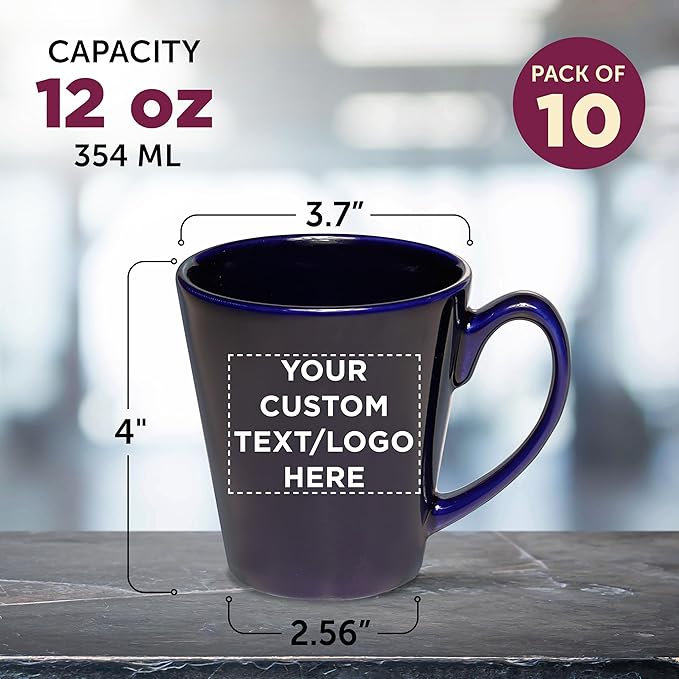 DISCOUNT PROMOS Custom Glossy Ceramic Latte Coffee Mug 12 oz. Set of 10, Personalized Bulk Pack - Perfect for Tea, Espresso, Cappuccino, Hot Cocoa - Blue-Ruum Studio Home