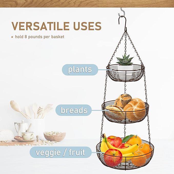 CAXXA 3-Tier Hanging Basket Fruit Organizer Kitchen Heavy Duty Wire Organizer with 2 Free Bonus Metal Ceiling Hooks(Bronze)-Ruum Studio Home