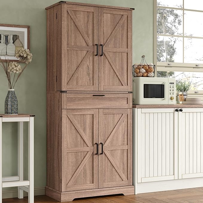 72'' Kitchen Storage Pantry Cabinet, Tall Storage Cabinet with 8 Door Shelves, 2 Cabinets and 1 Drawer, Freestanding Cupboard for Kitchen, Dining Room, Bathroom, Laundry, Living Room, Espresso-Ruum Studio Home