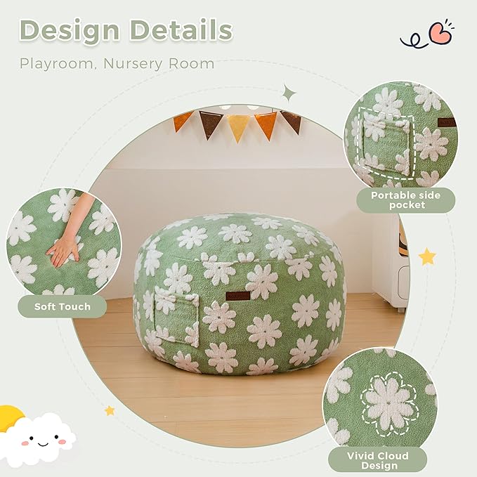 MAXYOYO Bean Bag Chair Bed for Kids, Convertible Bean Bag from Lazy Chair to Floor Bed, Fresh Floral Design Cover, Stuffed Floor Sofa Couch for Boys and Girls, High-Density Foam Filling, Green-Ruum Studio Home